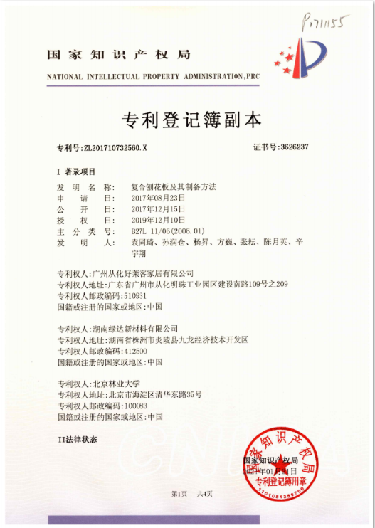 原(yuán)態(tài)淨醛竹(zhú)闆專(zhuān)利(lì)技(jì)術(shù)證書(shū)