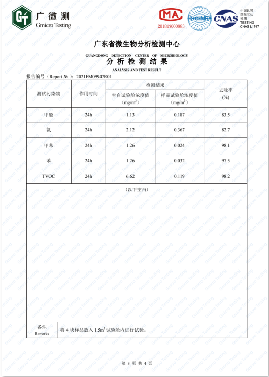 原(yuán)態(tài)淨醛竹(zhú)闆污染(rǎn)物(wù)去(qù)除率(lǜ)檢(jiǎn)驗報(bào)告