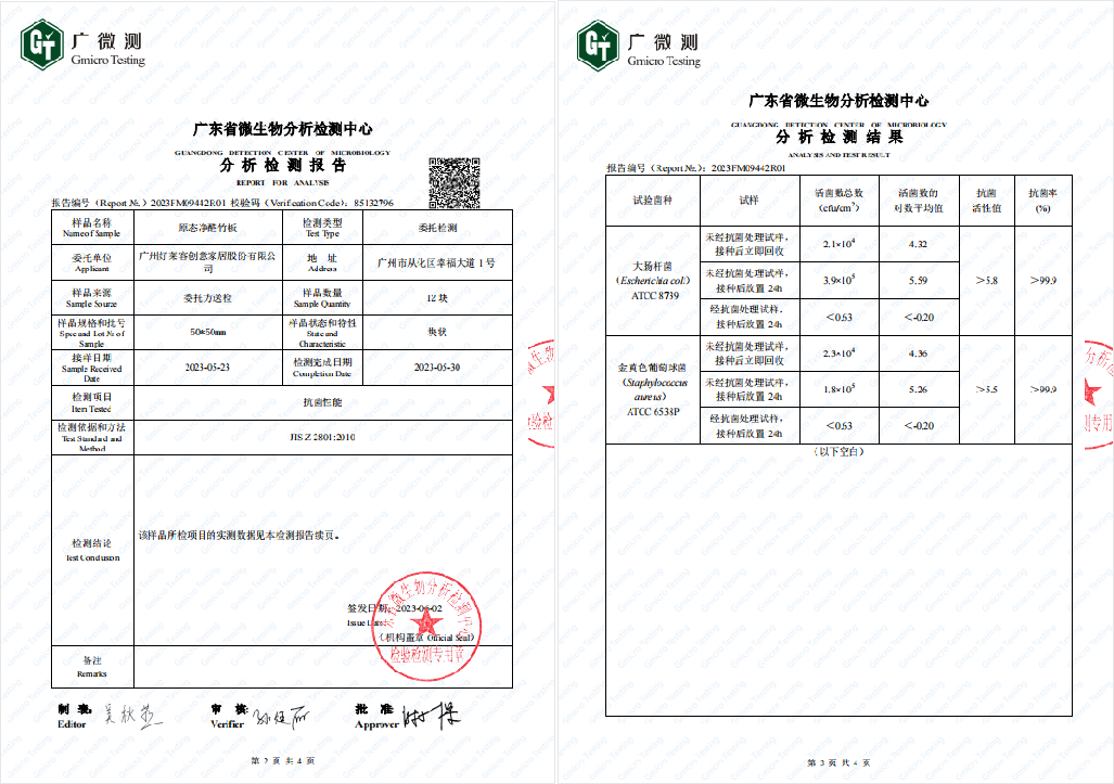原(yuán)態(tài)淨醛竹(zhú)闆抗菌性(xìng)能(néng)檢(jiǎn)測(cè)報(bào)告